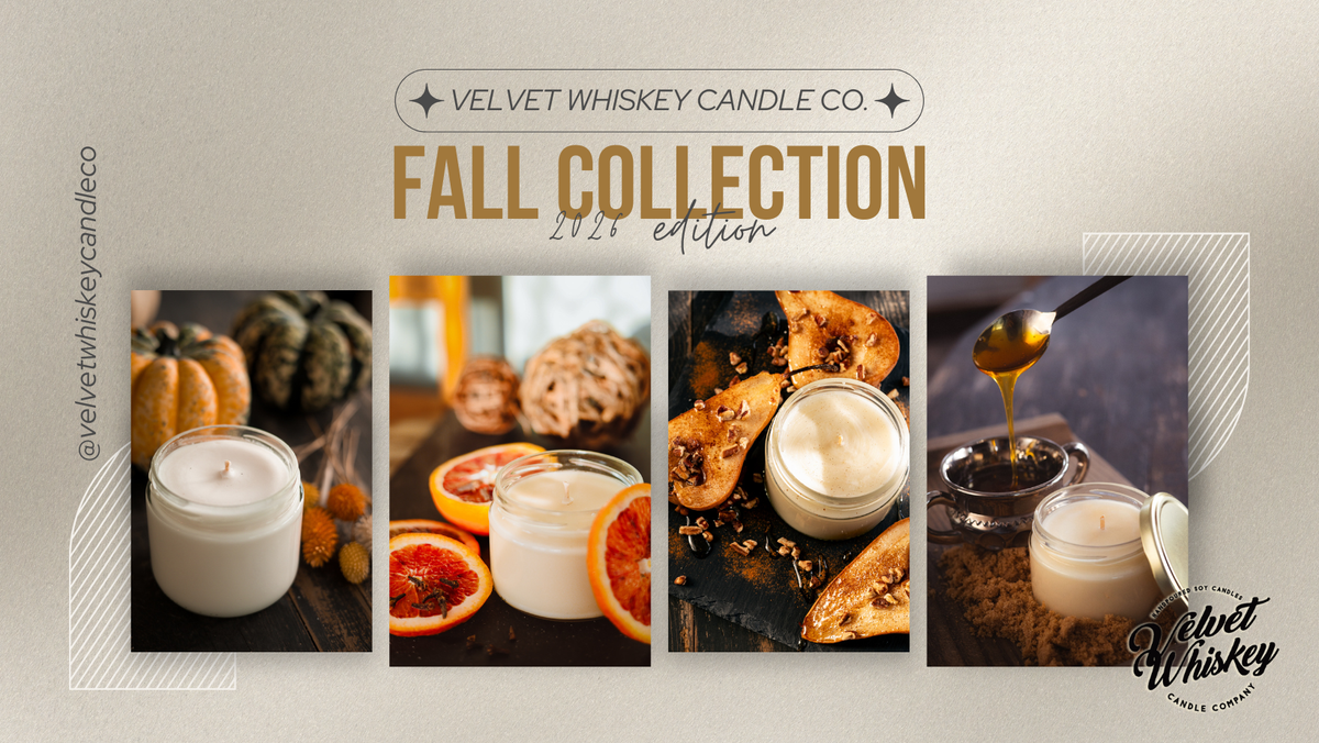 A promotional collage for Velvet Whiskey Candle Co's Fall Collection 2021 edition, featuring four warm-toned candle and autumn-themed product photos on a beige background with decorative text and branding.